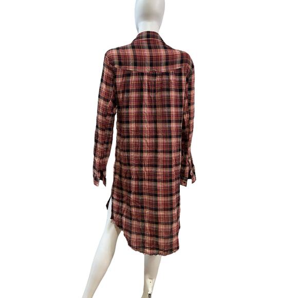 Free People Dark Pink Textured Cotton Plaid Button-Down Shirt Dress Size L - Picture 3 of 5